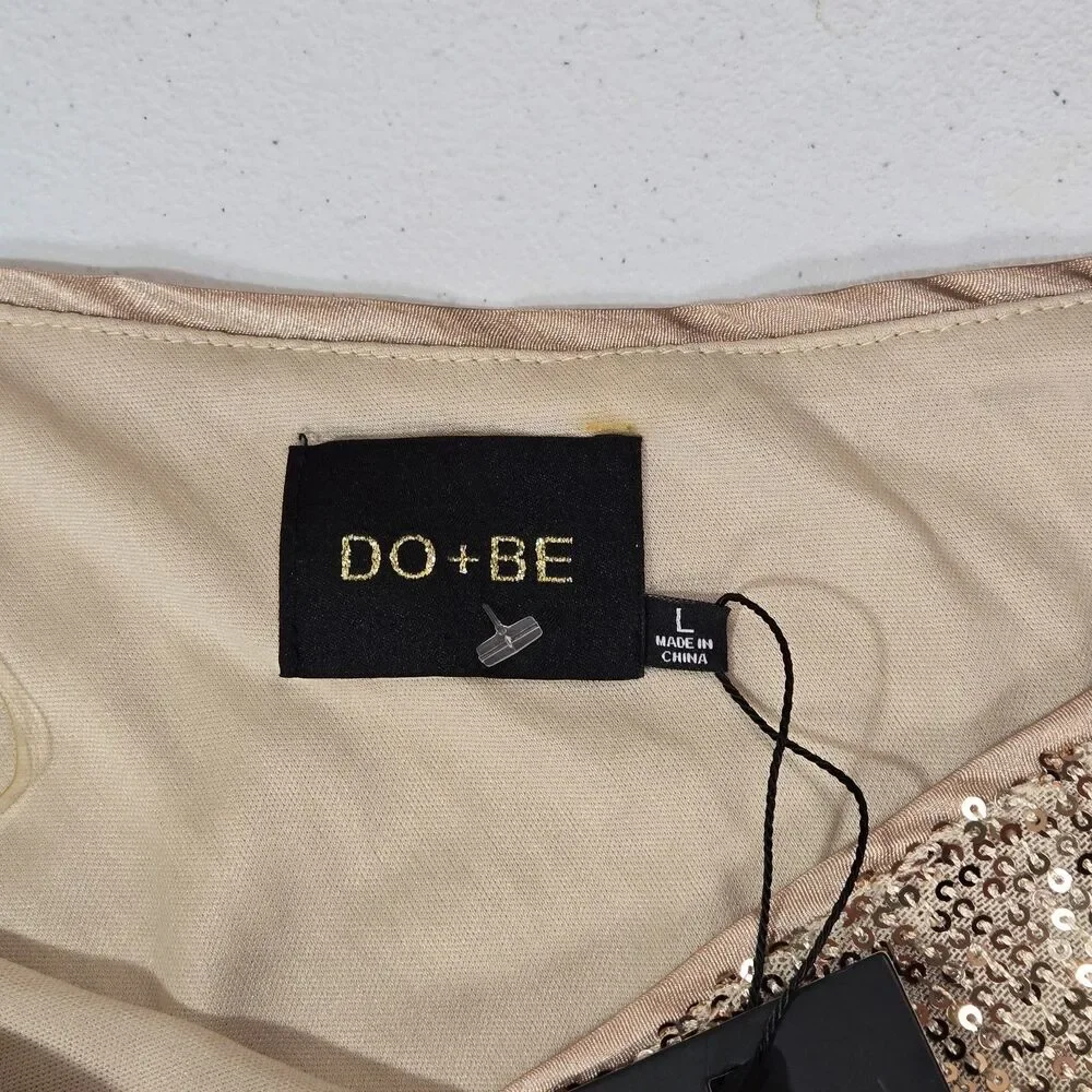 NWT  DO+BE Women Size L Lined Sequin Gold One Sleeve Gathered Side Mini Dress - Picture 5 of 10